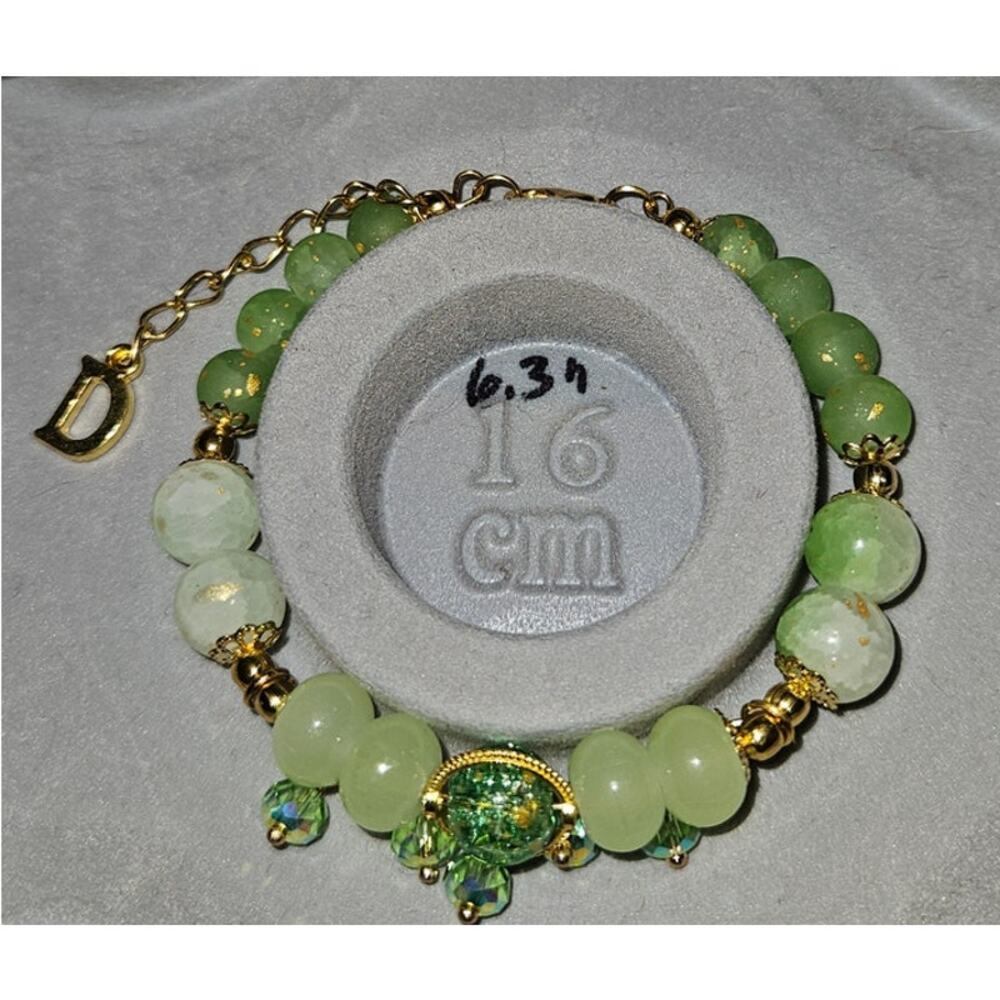 Green Wire Bracelet w Green beaded Dangle Charms #788
